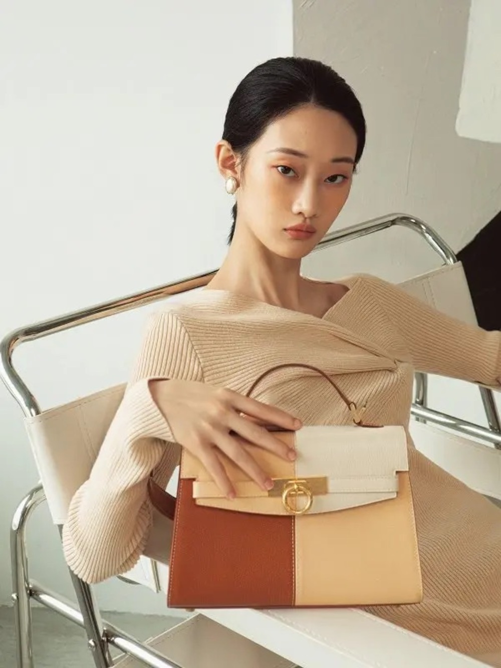 Paris’s Wang Colorblock Top-Handle Satchel in Cream, Tan & Brown (Kelly Style)